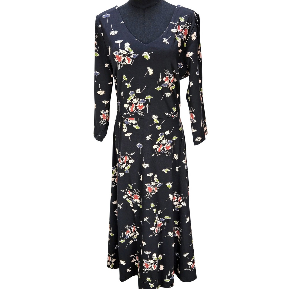Women's Pact XXL Black Floral Organic Cotton V-Neck Midi Dress Boho Romantic